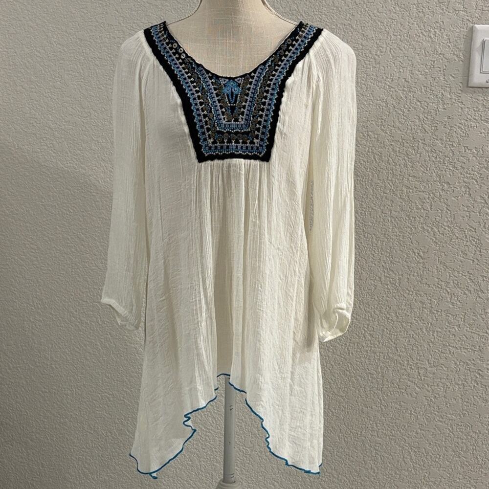 Wrangler Rancher Embroidered Peasant Blouse Black Blue Women Cottagecore Boho XL